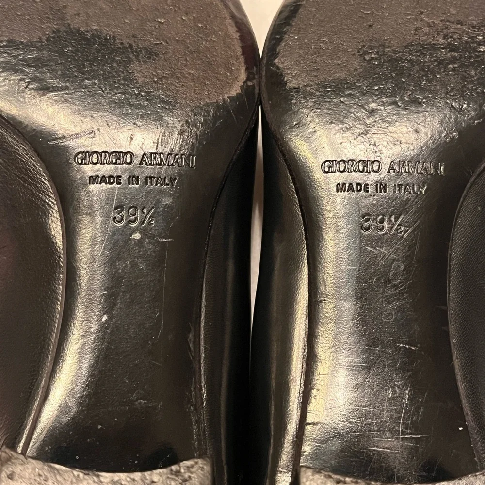 GIORGIO ARMANI black leather low heel squared off point toe heels size 9.5 39.5